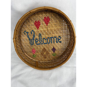 Vintage Cross Stitch On Cane Back Wall Hanging Serving Tray Round “Welcome”